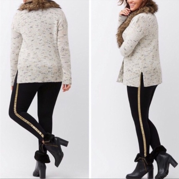 LANE BRYANT GRAY CREAM FAUX FUR BUTTON FRONT SWEATER - Picture 2 of 9